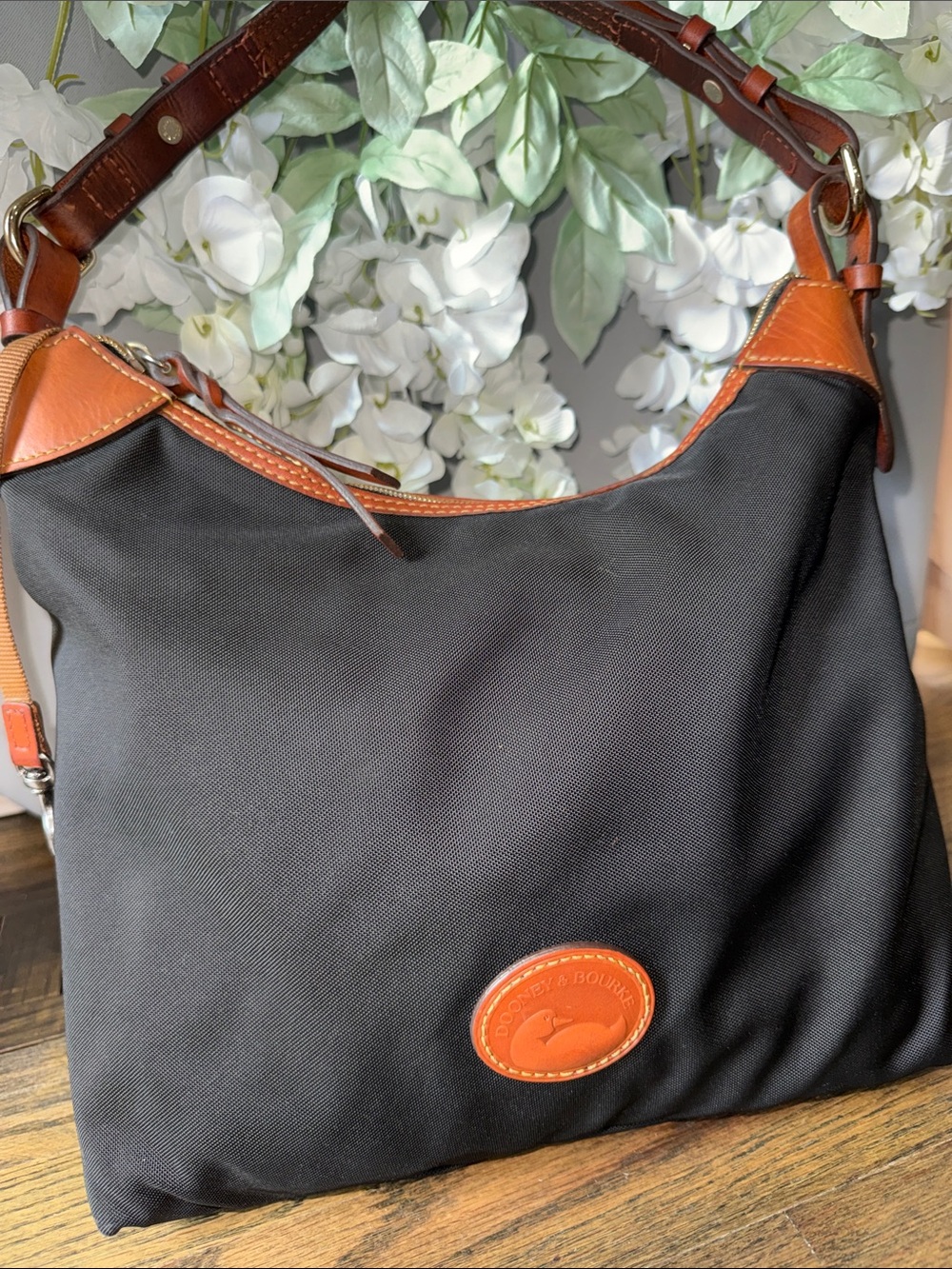 Dooney & Bourke vintage Black Nylon Hobo with Brown Leather Trim